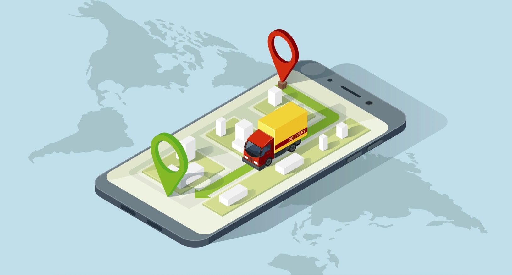 An illustration of a delivery truck driving on a map on a smartphone screen with a world map in the background