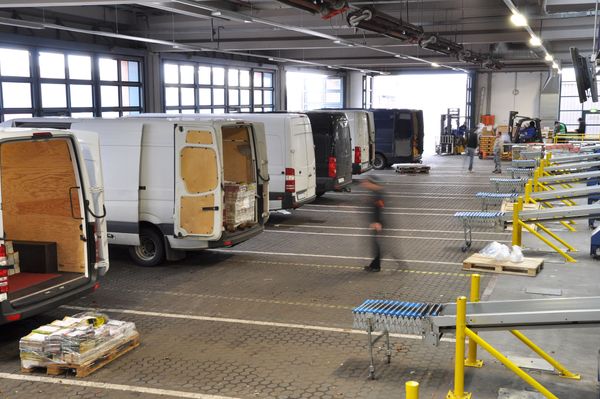 Newspapers ready for loading on delivery vans at the print deopt